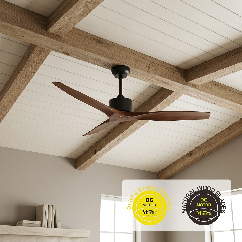 52" Indoor Ceiling Fan Matte Black Natural Wood Blades-1